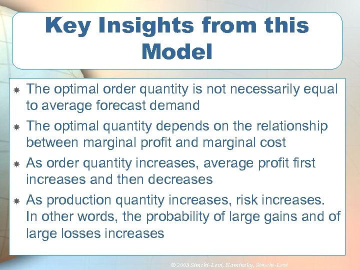 Key Insights from this Model The optimal order quantity is not necessarily equal to