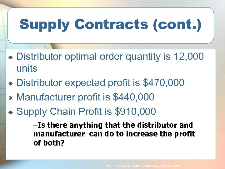 Supply Contracts (cont. ) Distributor optimal order quantity is 12, 000 units Distributor expected