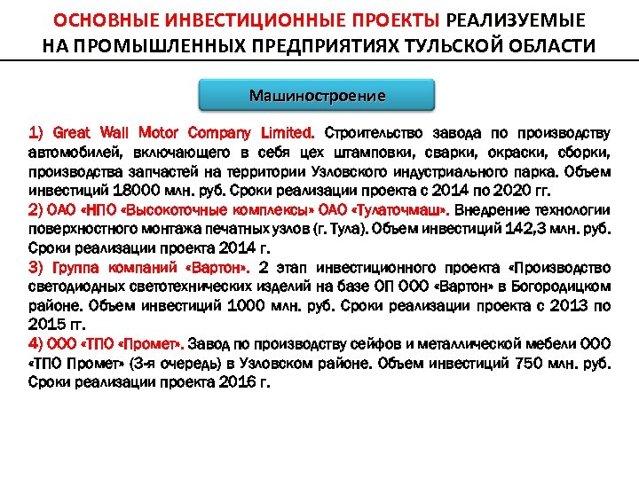 ОСНОВНЫЕ ИНВЕСТИЦИОННЫЕ ПРОЕКТЫ РЕАЛИЗУЕМЫЕ НА ПРОМЫШЛЕННЫХ ПРЕДПРИЯТИЯХ ТУЛЬСКОЙ ОБЛАСТИ Машиностроение 1) Great Wall Motor