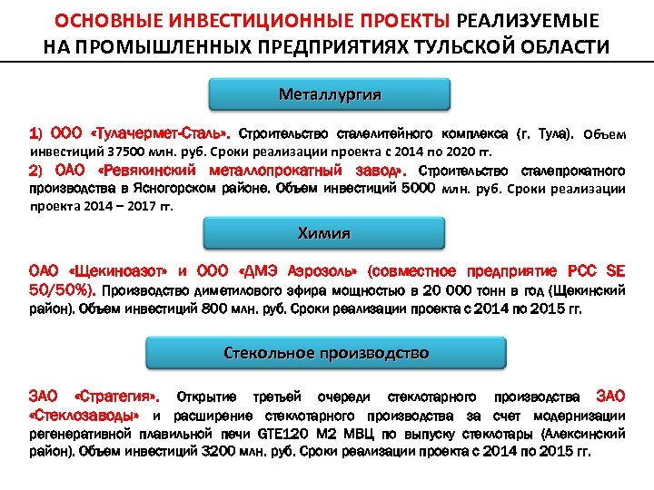 ОСНОВНЫЕ ИНВЕСТИЦИОННЫЕ ПРОЕКТЫ РЕАЛИЗУЕМЫЕ НА ПРОМЫШЛЕННЫХ ПРЕДПРИЯТИЯХ ТУЛЬСКОЙ ОБЛАСТИ Металлургия 1) ООО «Тулачермет-Сталь» .