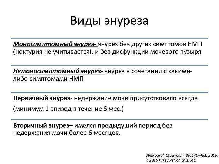 Виды энуреза Моносимптомный энурез- энурез без других симптомов НМП (ноктурия не учитывается), и без
