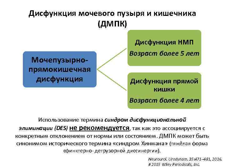 Дисфункция мочевого пузыря и кишечника (ДМПК) Мочепузырнопрямокишечная дисфункция Дисфункция НМП Возраст более 5 лет