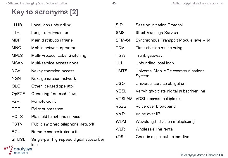 NGNs and the changing face of voice migration 40 Author, copyright and key to