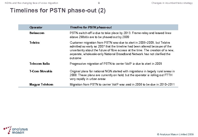 NGNs and the changing face of voice migration 9 Changes in incumbent telco strategy