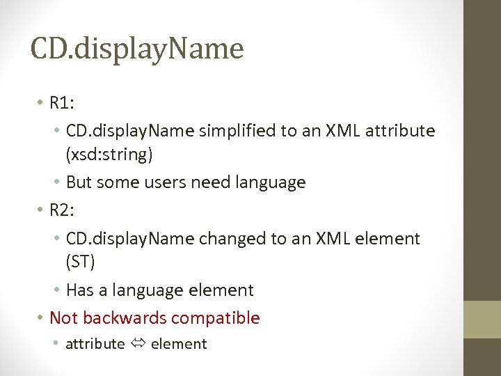 CD. display. Name • R 1: • CD. display. Name simplified to an XML