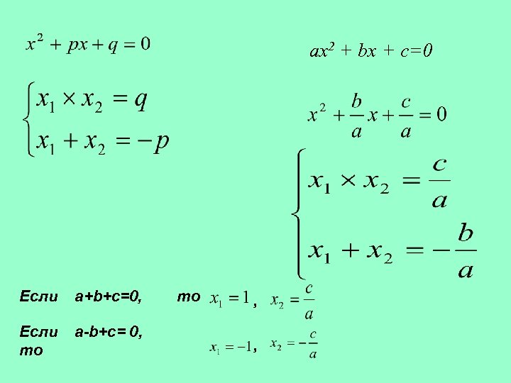 ax 2 + bx + c=0 Если a+b+c=0, Если то a-b+c= 0, то ,