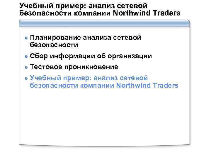 Учебный пример: анализ сетевой безопасности компании Northwind Traders Планирование анализа сетевой безопасности Сбор информации
