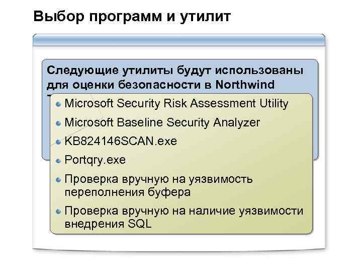 Выбор программ и утилит Следующие утилиты будут использованы для оценки безопасности в Northwind Traders: