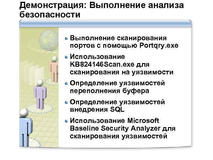 Демонстрация: Выполнение анализа безопасности Выполнение сканирования портов с помощью Portqry. exe Использование KB 824146