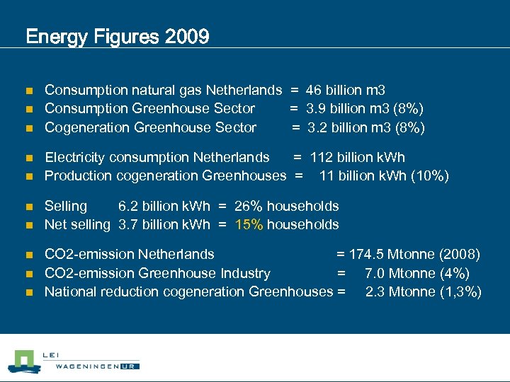 Energy Figures 2009 n n n n n Consumption natural gas Netherlands = 46