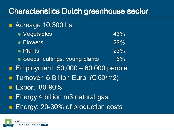 Characteristics Dutch greenhouse sector n Acreage 10, 300 ha l l n n n