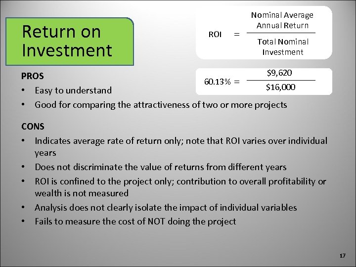 Return on Investment ROI = Nominal Average Annual Return Total Nominal Investment $9, 620