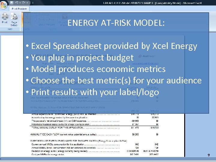 ENERGY AT-RISK MODEL: • Excel Spreadsheet provided by Xcel Energy • You plug in
