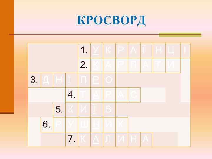 КРОСВОРД 1. У К Р А Ї Н Ц І 2. К А Р