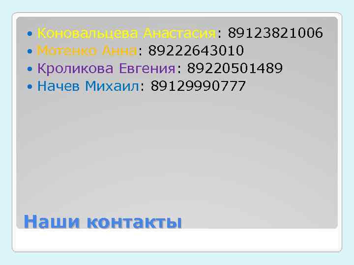 Коновальцева Анастасия: 89123821006 Мотенко Анна: 89222643010 Кроликова Евгения: 89220501489 Начев Михаил: 89129990777 Наши контакты