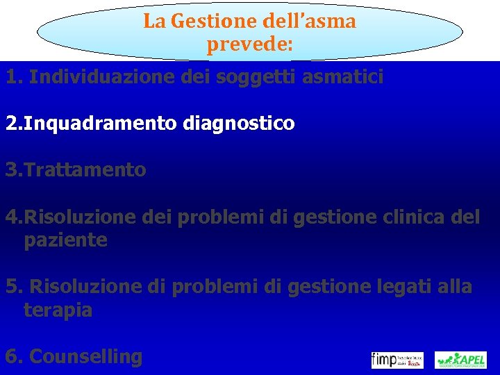 La Gestione dell’asma prevede: 1. Individuazione dei soggetti asmatici 2. Inquadramento diagnostico 3. Trattamento