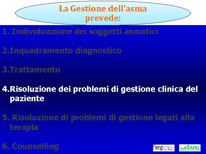 La Gestione dell’asma prevede: 1. Individuazione dei soggetti asmatici 2. Inquadramento diagnostico 3. Trattamento