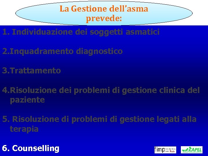 La Gestione dell’asma prevede: 1. Individuazione dei soggetti asmatici 2. Inquadramento diagnostico 3. Trattamento