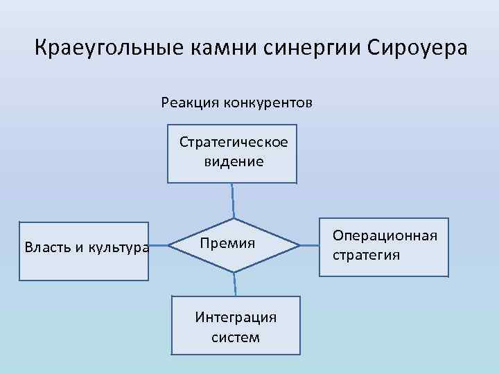 Краеугольные камни синергии Сироуера Реакция конкурентов Стратегическое видение Власть и культура Премия Интеграция систем