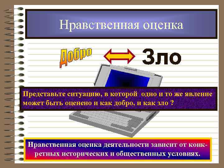 Нравственная оценка Представьте ситуацию, в которой одно и то же явление может быть оценено