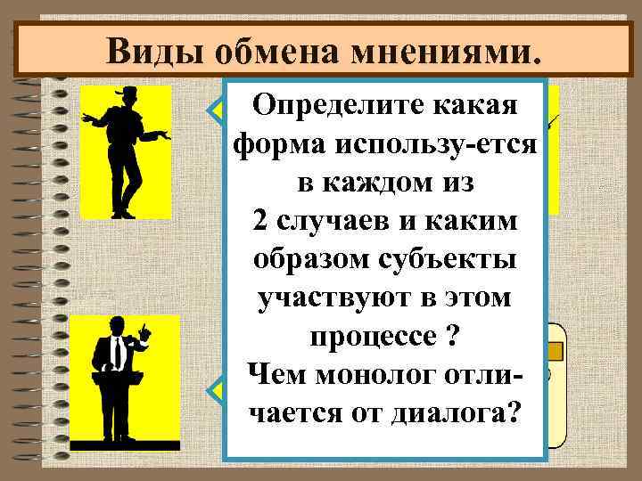 Виды обмена мнениями. Определите какая форма использу-ется в каждом из 2 случаев и каким