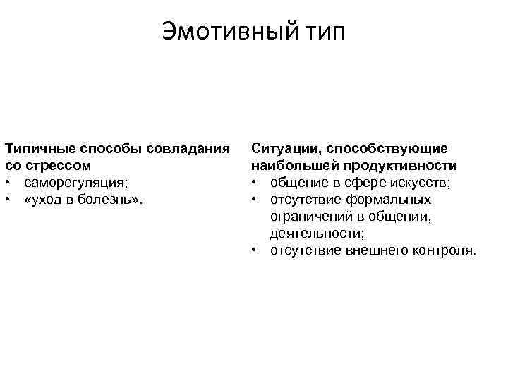 Эмотивный тип Типичные способы совладания со стрессом • саморегуляция; • «уход в болезнь» .