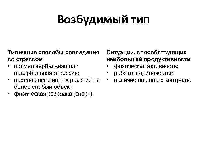 Возбудимый тип Типичные способы совладания со стрессом • прямая вербальная или невербальная агрессия; •