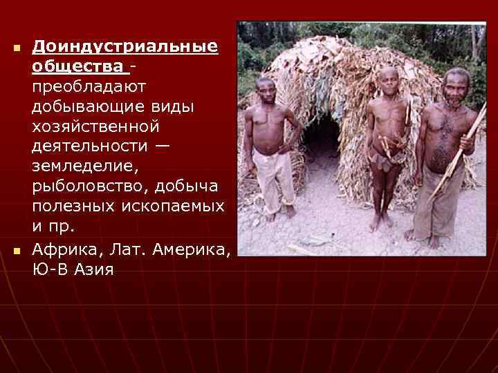 n n Доиндустриальные общества - преобладают добывающие виды хозяйственной деятельности — земледелие, рыболовство, добыча