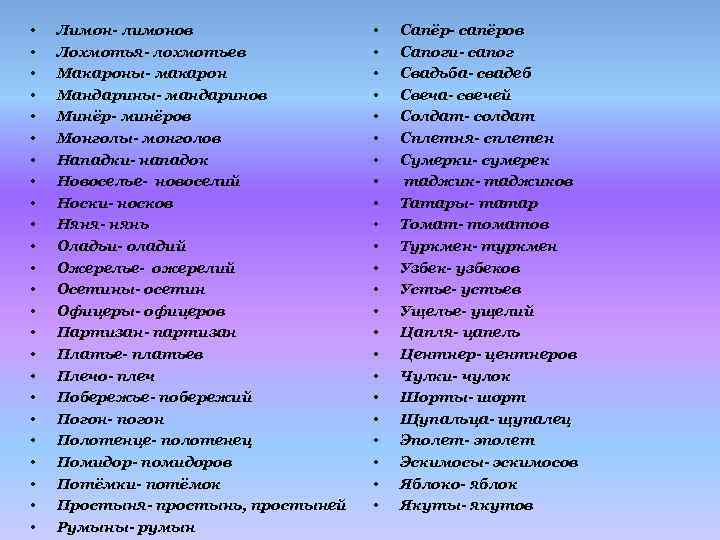 • • • • • • Лимон- лимонов Лохмотья- лохмотьев Макароны- макарон Мандарины-