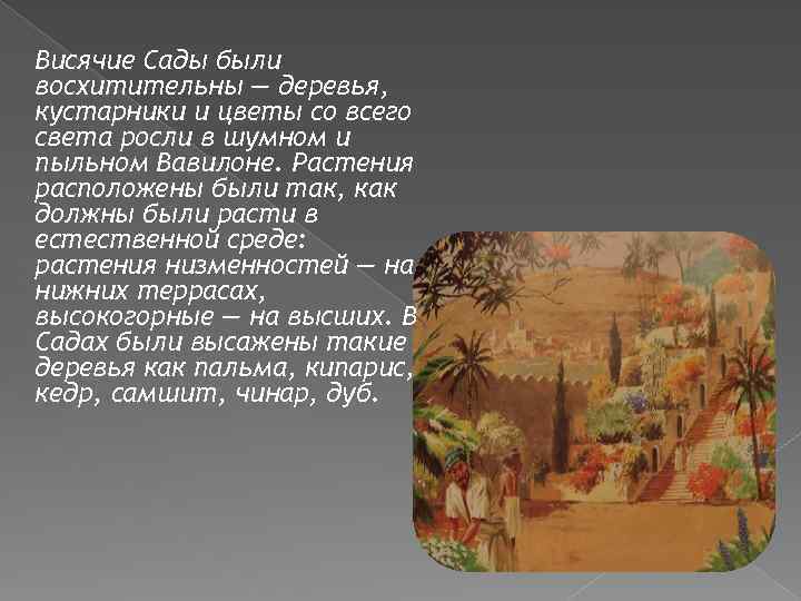 Висячие Сады были восхитительны — деревья, кустарники и цветы со всего света росли в