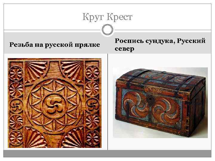 Круг Крест Резьба на русской прялке Роспись сундука, Русский север 