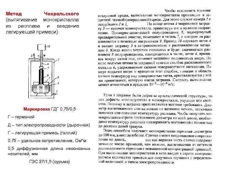 Метод Чохральского (вытягивание монокристалла из расплава и введение легирующей примеси) Маркировка ГДГ 0, 75/0,