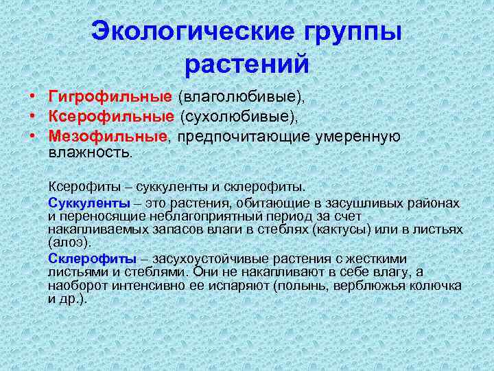 Экологические группы растений • Гигрофильные (влаголюбивые), • Ксерофильные (сухолюбивые), • Мезофильные, предпочитающие умеренную влажность.