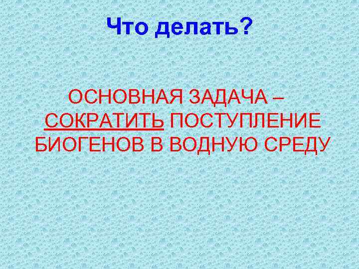Что делать? ОСНОВНАЯ ЗАДАЧА – СОКРАТИТЬ ПОСТУПЛЕНИЕ БИОГЕНОВ В ВОДНУЮ СРЕДУ 