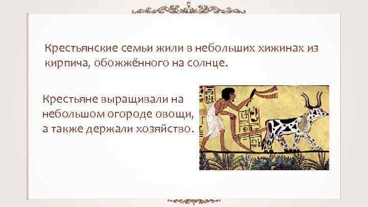 Крестьянские семьи жили в небольших хижинах из кирпича, обожжённого на солнце. Крестьяне выращивали на