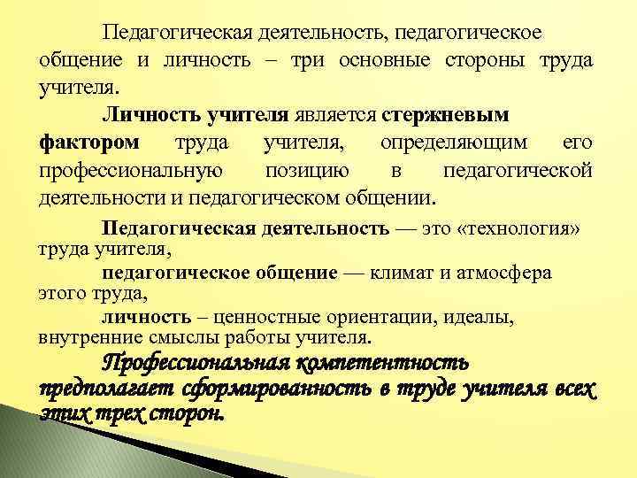 Педагогическая деятельность, педагогическое общение и личность – три основные стороны труда учителя. Личность учителя