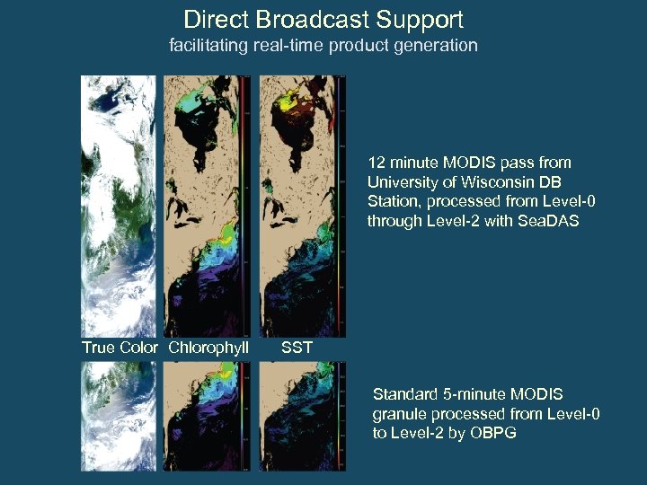 Direct Broadcast Support facilitating real-time product generation 12 minute MODIS pass from University of