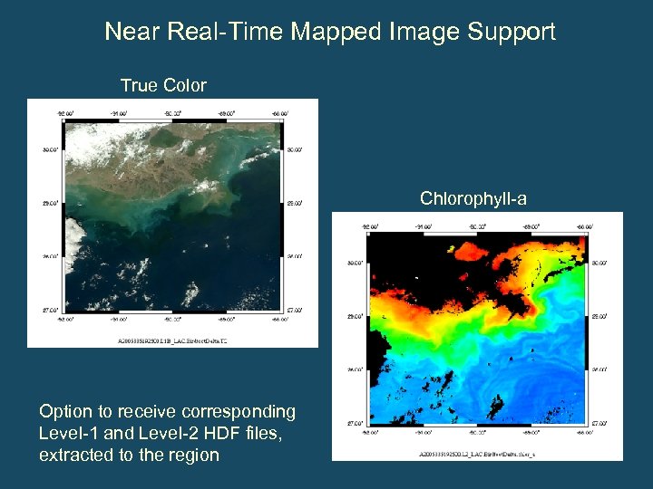 Near Real-Time Mapped Image Support True Color Chlorophyll-a Option to receive corresponding Level-1 and