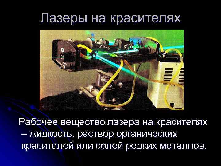 Лазеры на красителях Рабочее вещество лазера на красителях – жидкость: раствор органических красителей или