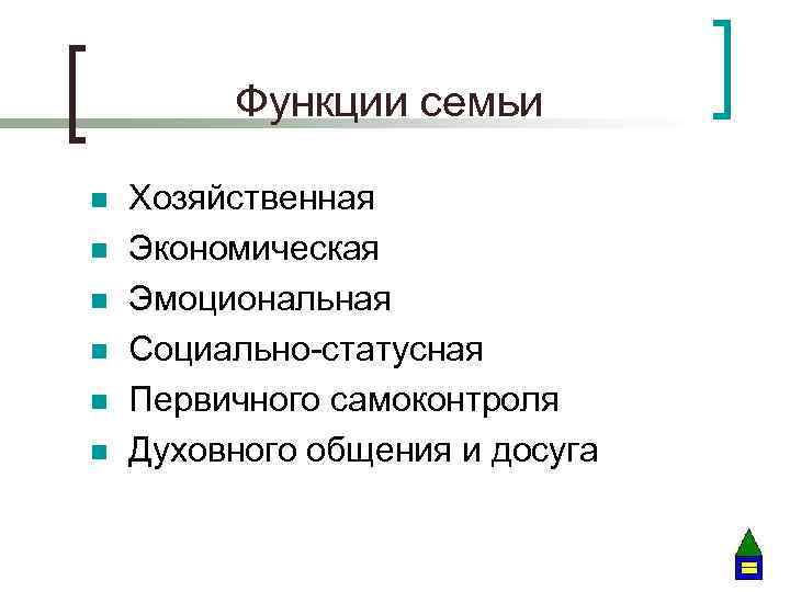 Функции семьи n n n Хозяйственная Экономическая Эмоциональная Социально-статусная Первичного самоконтроля Духовного общения и