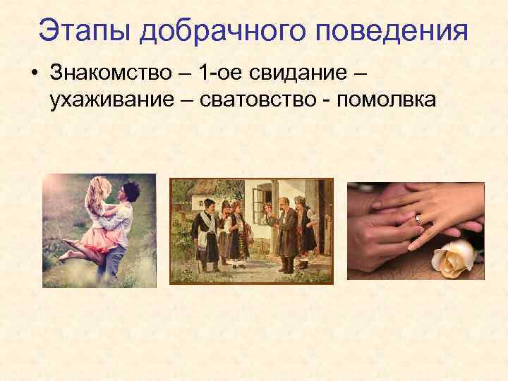 Этапы добрачного поведения • Знакомство – 1 -ое свидание – ухаживание – сватовство -