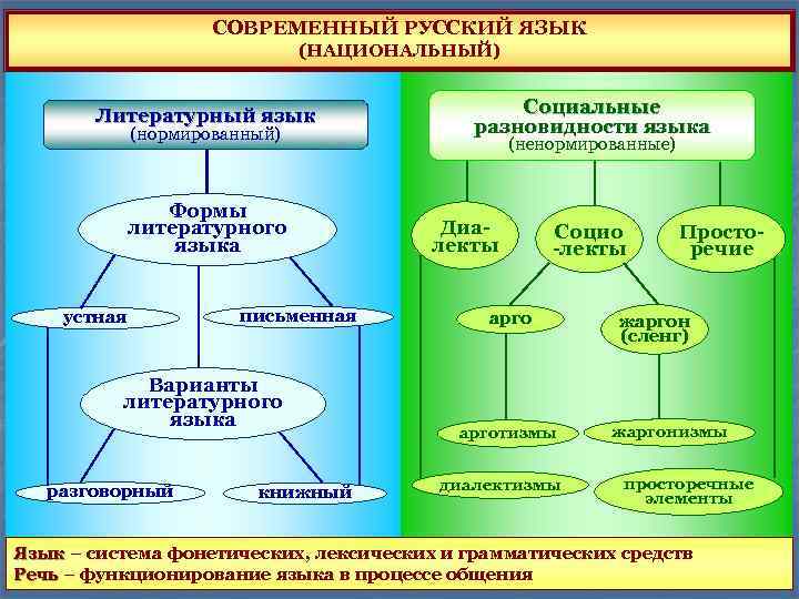 СОВРЕМЕННЫЙ РУССКИЙ ЯЗЫК (НАЦИОНАЛЬНЫЙ) Литературный язык (нормированный) Формы литературного языка устная письменная Варианты литературного