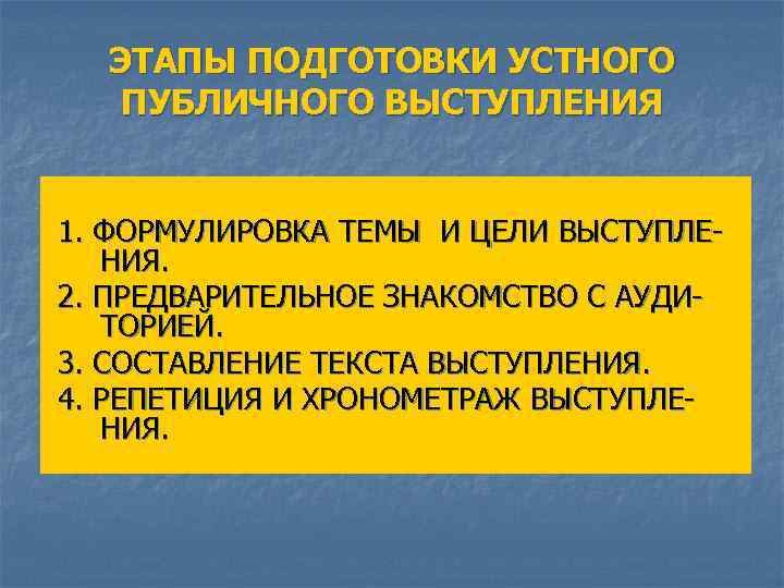 ЭТАПЫ ПОДГОТОВКИ УСТНОГО ПУБЛИЧНОГО ВЫСТУПЛЕНИЯ 1. ФОРМУЛИРОВКА ТЕМЫ И ЦЕЛИ ВЫСТУПЛЕНИЯ. 2. ПРЕДВАРИТЕЛЬНОЕ ЗНАКОМСТВО