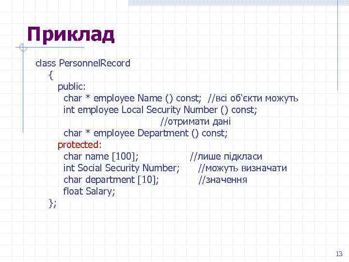 Приклад class Personnel. Record { public: char * employee Name () const; //всі об‘єкти