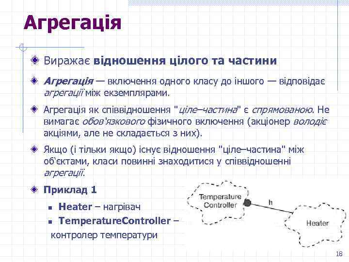 Агрегація Виражає відношення цілого та частини Агрегація — включення одного класу до іншого —