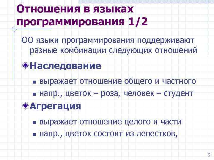 Отношения в языках программирования 1/2 ОО языки программирования поддерживают разные комбинации следующих отношений Наследование