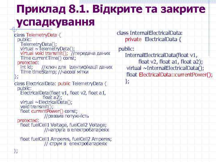 Приклад 8. 1. Відкрите та закрите успадкування class Telemetry. Data { public: Telemetry. Data();