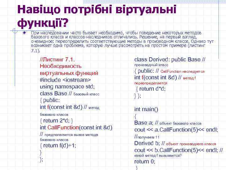 Навіщо потрібні віртуальні функції? При наследовании часто бывает необходимо, чтобы поведение некоторых методов базового