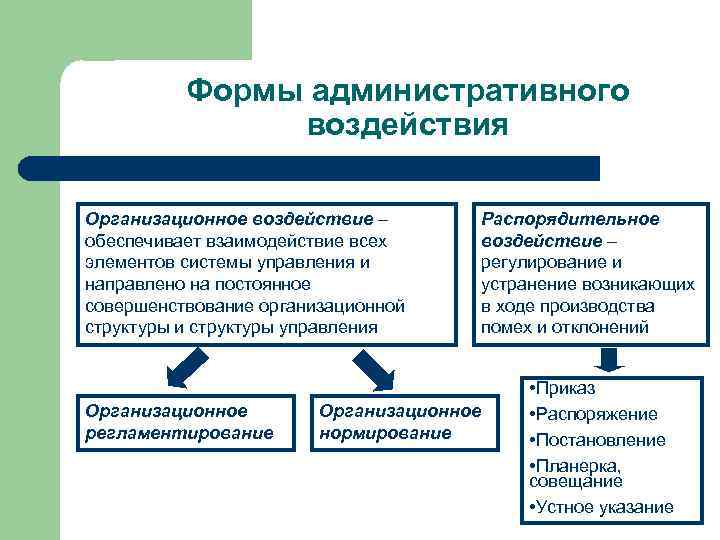 Формы административного воздействия Организационное воздействие – обеспечивает взаимодействие всех элементов системы управления и направлено