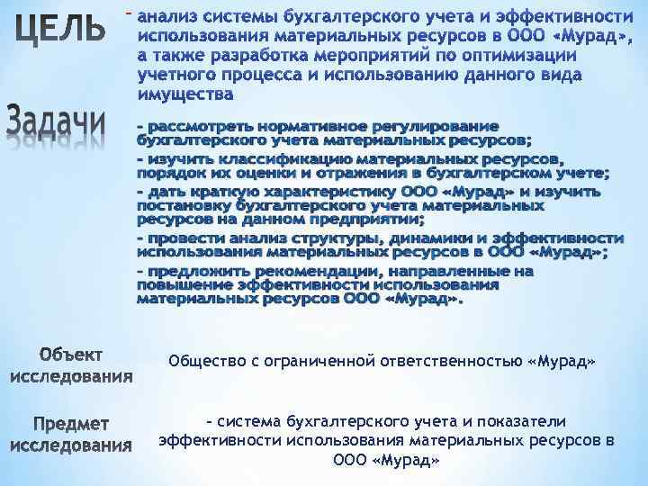 - Общество с ограниченной ответственностью «Мурад» - система бухгалтерского учета и показатели эффективности использования